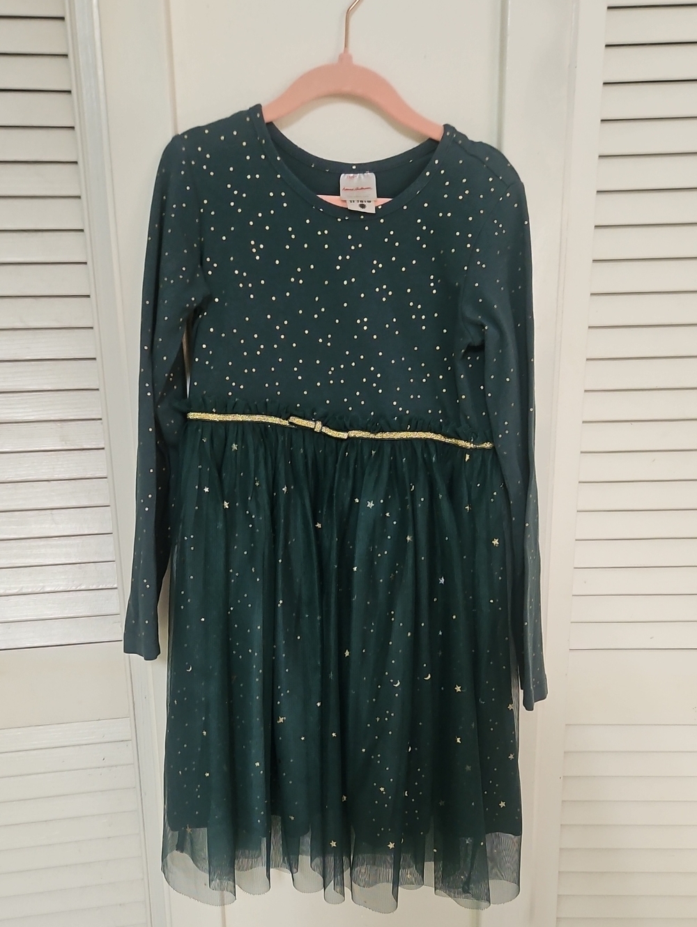 Hanna Andersson Dark Green Star Glitter Tulle Dress with Gold Trim